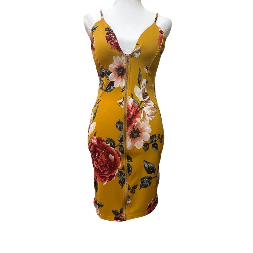 Haute Monde mustard yellow floral spaghetti strap bodycon dress size small